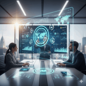 Equipo de ejecutivos analizando dashboards interactivos de Power BI en una pantalla holográfica durante una reunión de negocios.