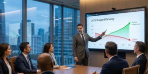 Junta directiva analizando gráficos de ROI y presupuesto 2026 para la inversión en Microsoft Business Central y transformación digital.