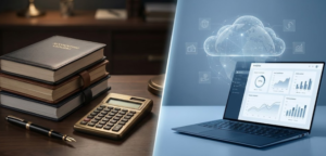 Gráfico comparativo de pantalla dividida: a la izquierda, una calculadora antigua y papeles representando el software contable tradicional; a la derecha, una nube digital azul interconectada representando la gestión integral de un ERP como Microsoft Business Central.