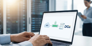 Director financiero utilizando un sistema en su laptop que muestra un esquema de integración API segura para enviar facturas electrónicas (e-CF) a la DGII.