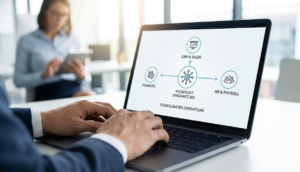 Ejecutivo analizando en su laptop un esquema de consolidación de finanzas, ventas y recursos humanos en Microsoft Dynamics 365 Business Central.
