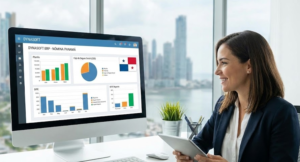 Gerente de recursos humanos revisando un panel de Microsoft Business Central con gráficos de planilla, SIPE y nómina adaptados a la legislación de Panamá.