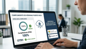 Dashboard de Microsoft Dynamics 365 Business Central mostrando el cumplimiento de nóminas del 100% con el DTRH de Puerto Rico en una laptop corporativa.