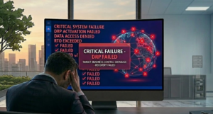 Visualización conceptual de un fallo crítico de continuidad de negocio: un ejecutivo de espaldas con la cabeza entre las manos ante un monitor que muestra mensajes de error rojos y un mapa global con puntos de fallo.