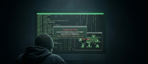 Visualización conceptual de ciberseguridad corporativa: un hacker con gorro de espalda, silueteado ante un monitor oscuro que muestra el mensaje 'FAILED ACCESS - UNAUTHORIZED BREACH ATTEMPT BLOCKED BY FIREWALL' y una red global protegida.