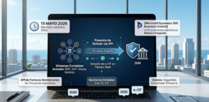 Esquema técnico en pantalla de laptop mostrando la pasarela de sellado API que conecta sistemas contables (ERP, SAP, Oracle) con la DGII para emitir e-CF.