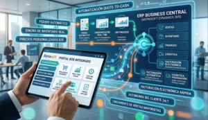 Gráfico interactivo que muestra un Portal E-commerce B2B de Dynasoft en una tablet, conectado en tiempo real al ERP Microsoft Dynamics 365 Business Central para la automatización Quote-to-Cash y facturación electrónica.