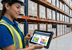 Una supervisora de almacén sonriente, con casco y chaleco de seguridad, sostiene una tablet robusta en un gran almacén moderno. La pantalla de la tablet muestra un software de gestión WMS con el título "Gestión de Inventarios y Almacén", un mapa de calor y datos de rendimiento. El fondo muestra estanterías altas llenas de cajas con etiquetas como "ZONA B PICKING", un montacargas operativo en la distancia y un robot móvil autónomo (AMR).