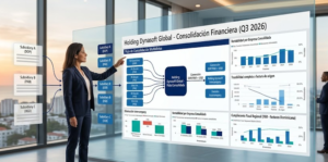 Directora financiera de Dynasoft Global utilizando pantalla de visualización avanzada para la consolidación financiera multiempresa. La pantalla muestra flujo de datos multidivisa (DOP, USD, PAB), rentabilidad por subsidiaria, trazabilidad de facturas y cumplimiento fiscal regional con la DGII Dominicana en un entorno ERP moderno.
