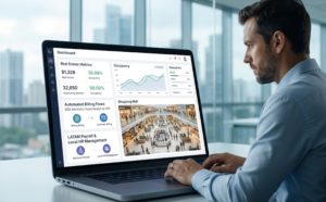 Administrador inmobiliario revisando panel de control ERP para la gestión de locales comerciales y plazas, mostrando facturación electrónica e-CF ante DGII y módulo de Nómina LATAM integrado.