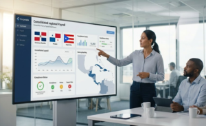 Directora de Recursos Humanos presentando la optimización de nóminas B2B y el cumplimiento regional ante la TSS de República Dominicana, Panamá y Puerto Rico en una pantalla interactiva.