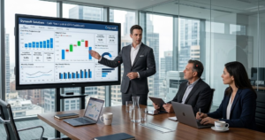 Un CFO presenta el panel de control de flujo de caja "Dynasoft Solutions" en una pantalla Power BI a un comité ejecutivo.